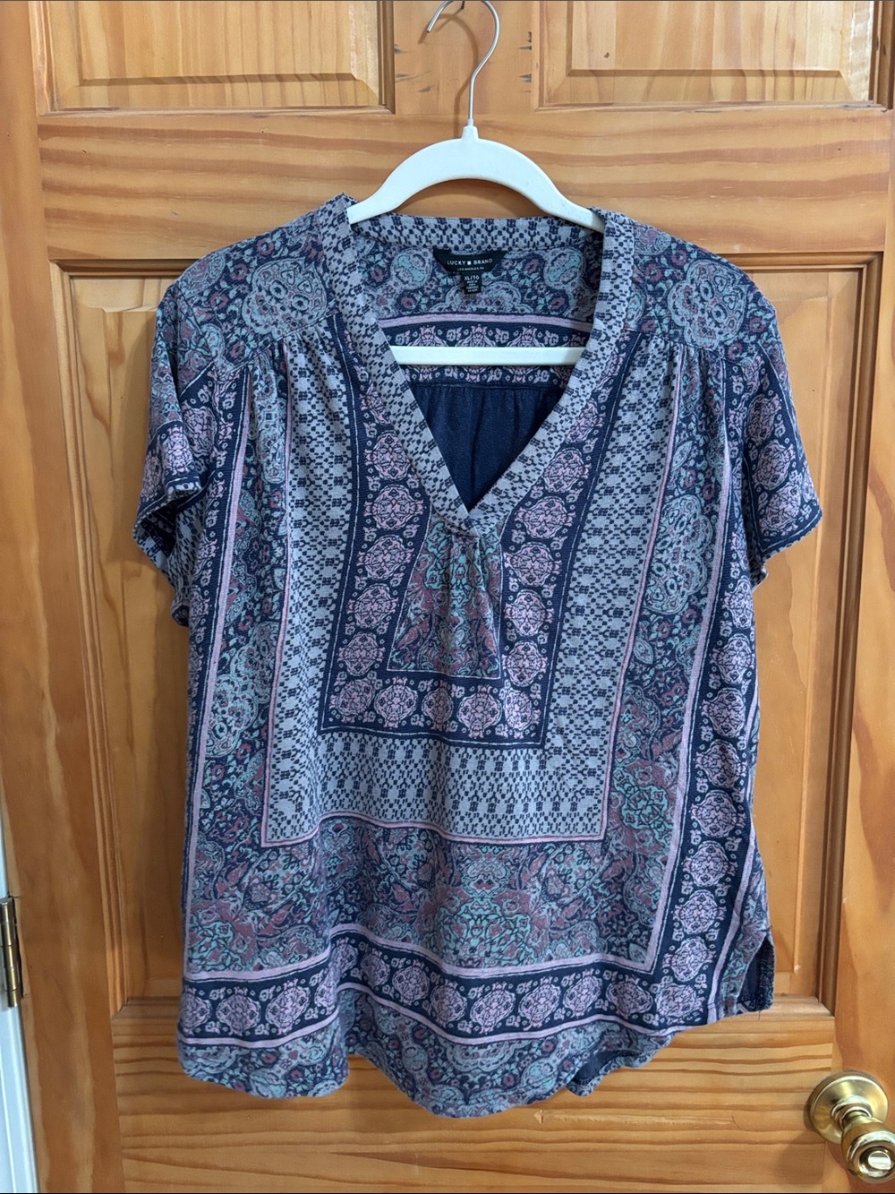 Lucky Brand Navy Paisley V-Neck Short Sleeve Top